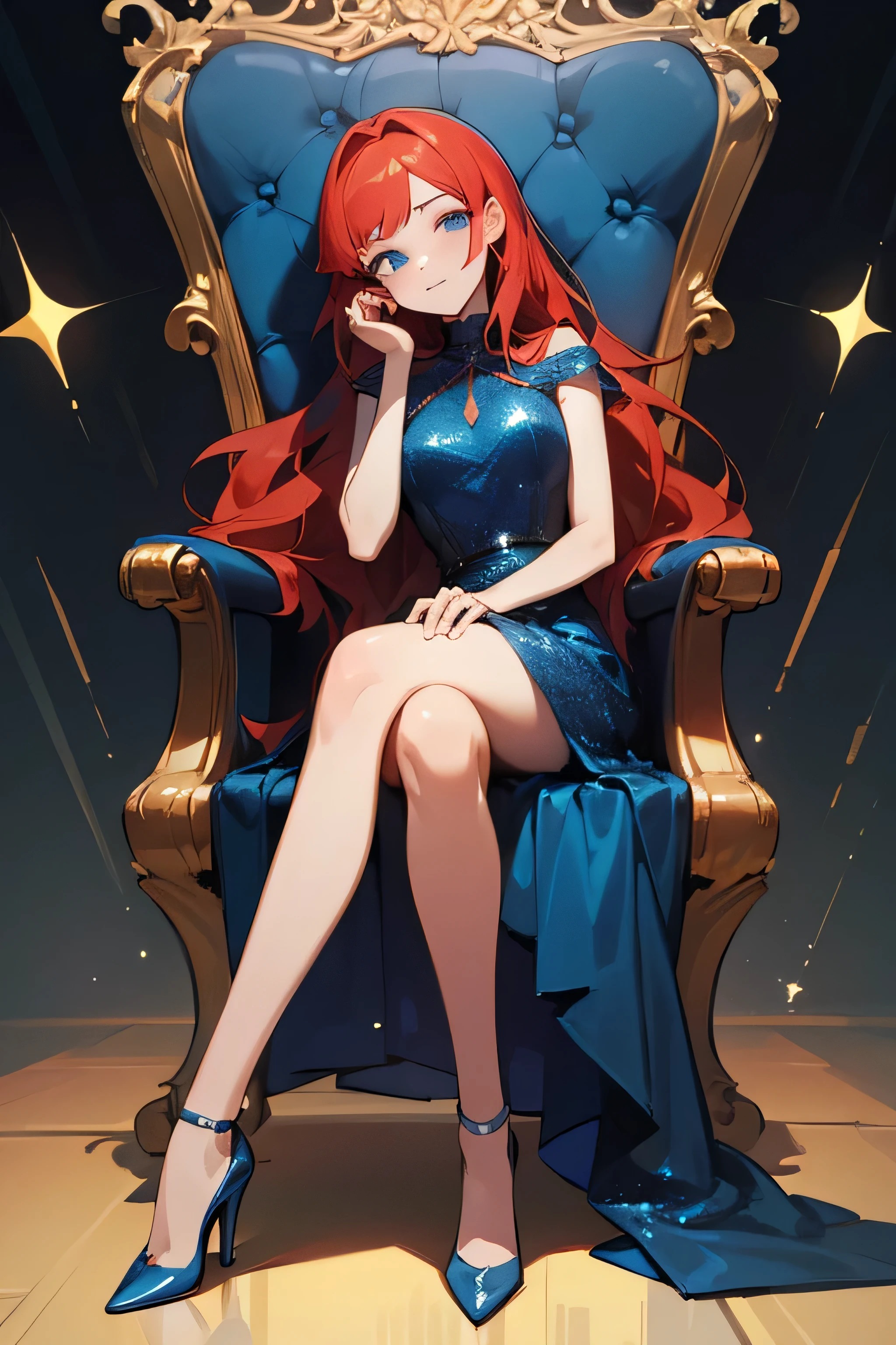 (masterpiece), best quality, perfect face, girl, long ginger hair, long dark blue sequin dress, ariel, black heels, sitting on chair, party