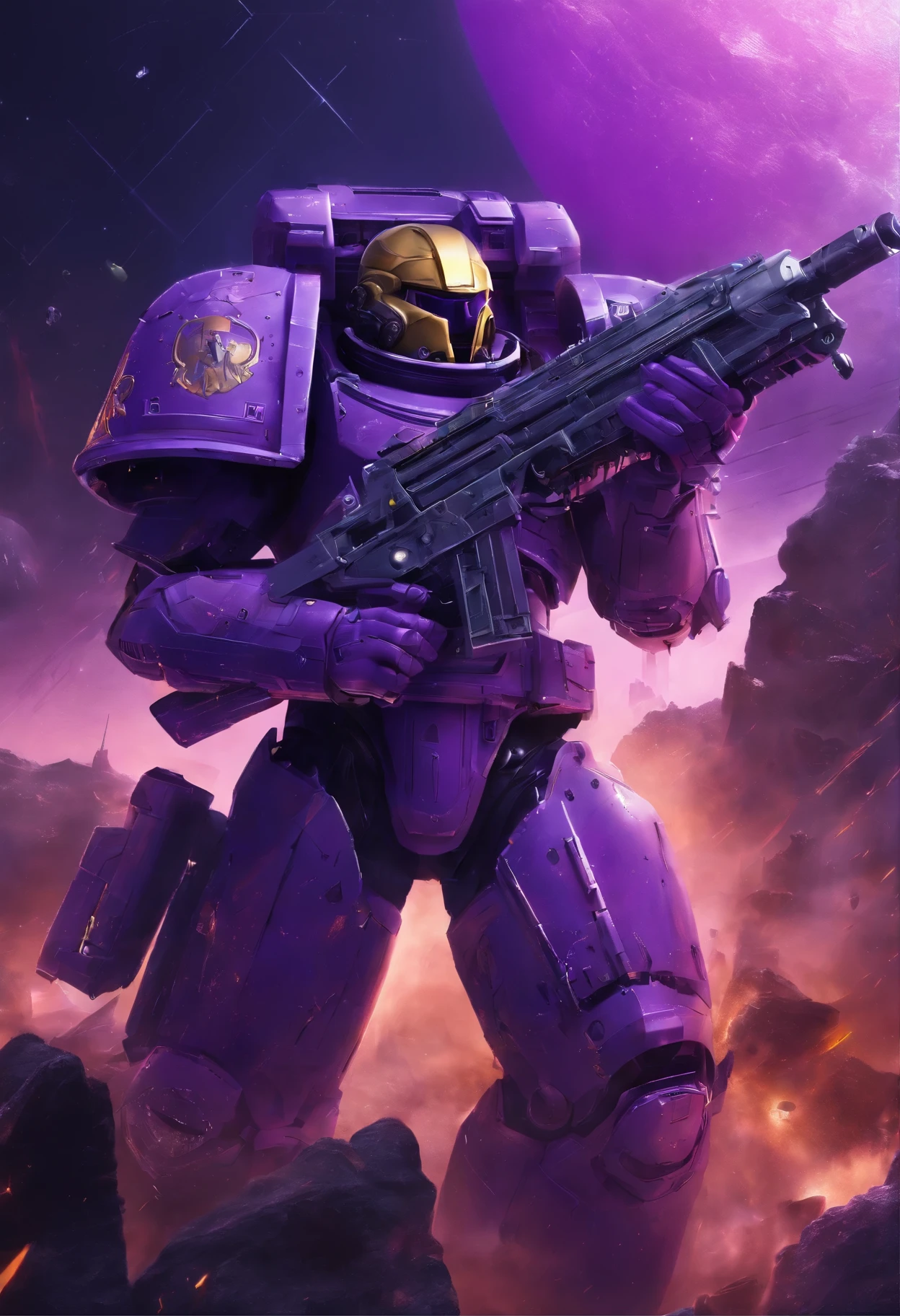 Space marine astartes, Warhammer40k,dim sky, purple lighting, chuva,lightnings, hyper realistic, altamente detalhado,8k