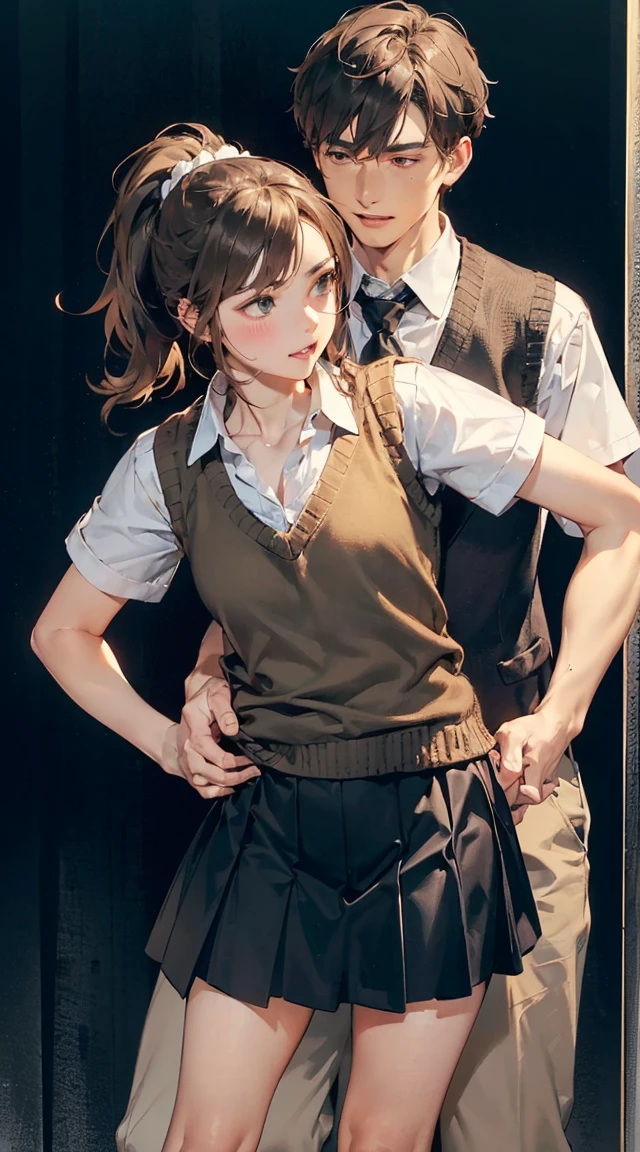 ,(Ultra-precise perfect piece:1.2), An illustration, masterpiece, (Extremely detailed 8K CG), (Extremely detailed 8K CG),riofutaba, adult, tall, mature, Gray brown hair, Brown eyes, Expressionless, Slightly blushing, ponytail, Scrunchie, Very high quality eyes, brown sweater vest, Beige vest, White shirt, ((Mid-chest)), Short sleeve shirt, Red tie, Blue pleated skirt, (Thighs) (((BREAK 2 people, One boy, One girl, (A boy grabs a girl from behind), (Holding her hand over another girl's mouth), Another girl's hand is covering her mouth。 Nice hands, Perfect hands, (Arms folded behind back), (Hands clasped behind back), Tied up, (Tied up腕), Boy's hand covering girl's mouth,very fine and beautiful eyes、Perfect Facial Proportions、High resolution skin、Slim body、Best 4 inch aspect ratio。 Very thin、Very fine、Very realistic、(German WWII General Uniform Standards:1.8)、Best Face Resolution、、Modest dress、Tight dress、(small、Black Hair、Black braid、Ultra-thin braids、Red glasses、Green Eyes、SF、Fighter、立っている Fighterの着陸時に、Agency、Highly intelligent personality、Calm expression、Red Response、war、Fighter BIGHIP BIGASS FUCKOFF FUCKFUCKFUCK