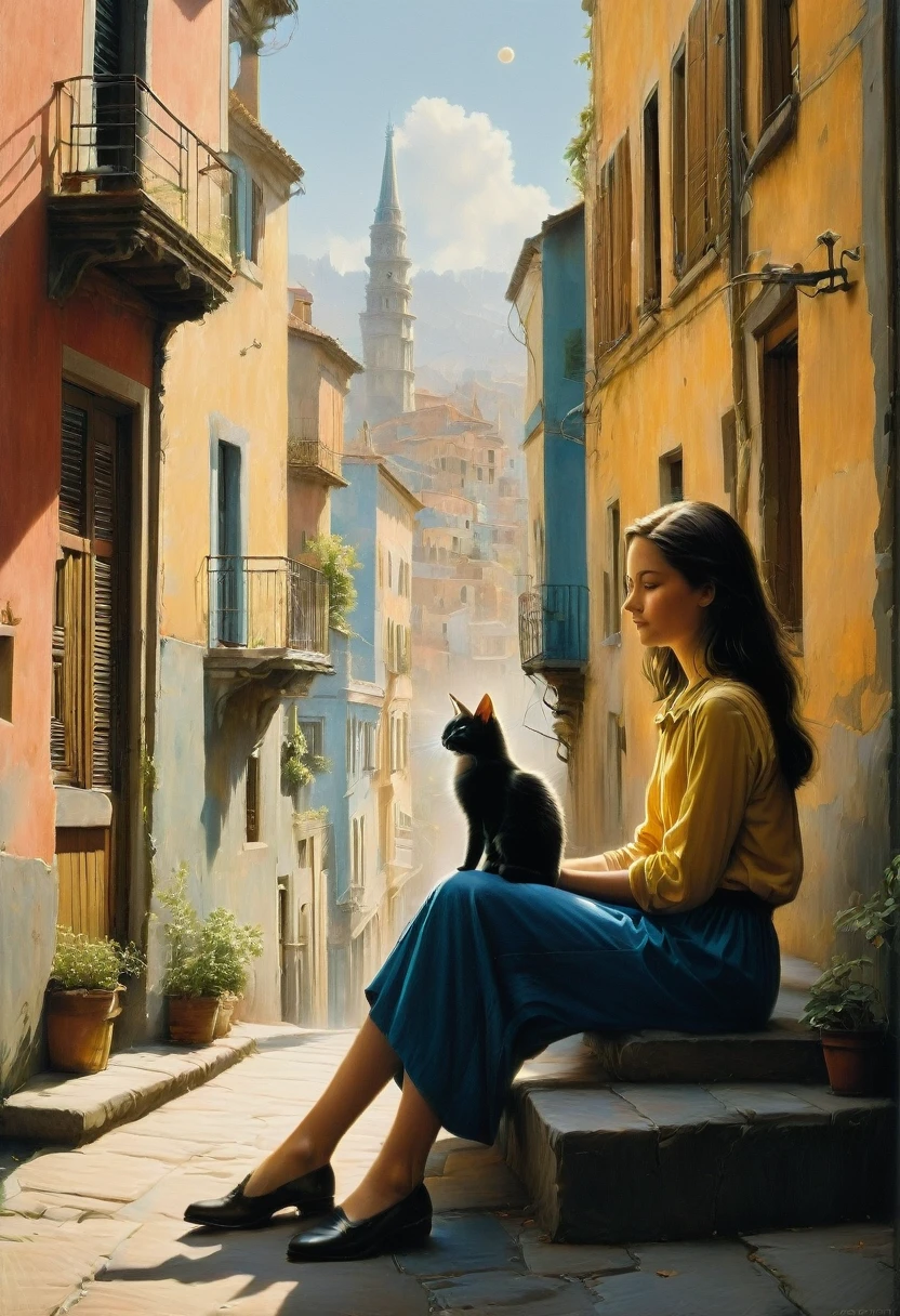 Girl with Cat, by Quint Buchholz, best quality, masterpiece, very aesthetic, perfect composition, intricate details, ultra-detailed
