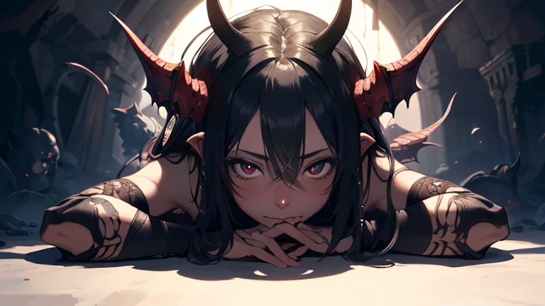 Draw two demons in an extreme anal sex scene in the forest. Female demon with long black hair and small breasts.