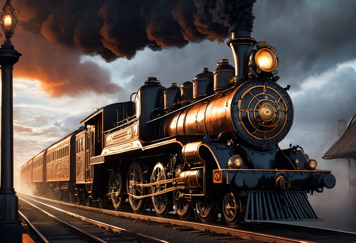 detailed steampunk train locomotive, hyperrealistic, black paintings, ethereal clouds, mist atmosphere, vast cloudy sky, orange and dark tints, dramatic lighting, dark mystical atmosphere, (best quality,4k,8k,highres,masterpiece:1.2),ultra-detailed,(realistic,photorealistic,photo-realistic:1.37),intricate machinery, gears and pipes, copper and brass accents, steam exhaust, dramatic shadows, moody lighting, cinematic composition, sense of scale and grandeur