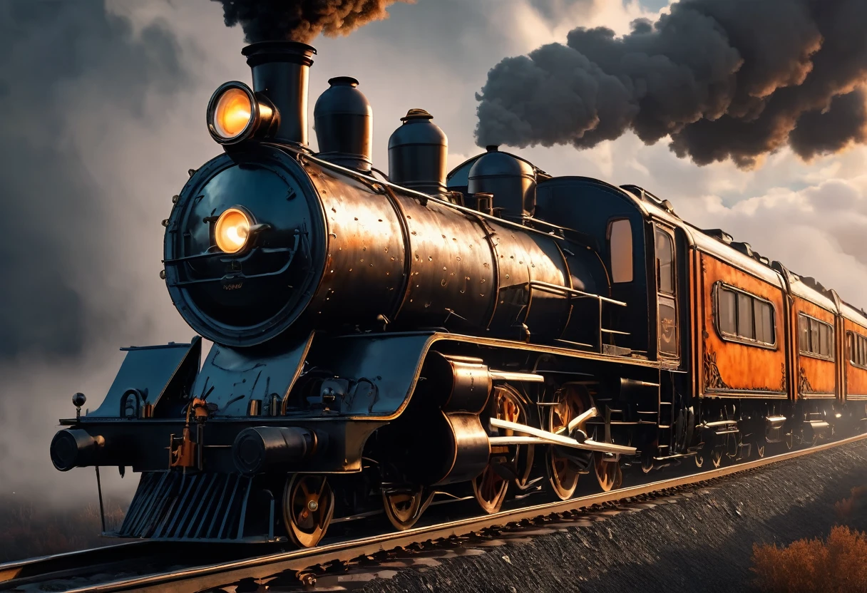 detailed steampunk train locomotive, hyperrealistic, black paintings, ethereal clouds, mist atmosphere, vast cloudy sky, orange and dark tints, dramatic lighting, dark mystical atmosphere, (best quality,4k,8k,highres,masterpiece:1.2),ultra-detailed,(realistic,photorealistic,photo-realistic:1.37),intricate machinery, gears and pipes, copper and brass accents, steam exhaust, dramatic shadows, moody lighting, cinematic composition, sense of scale and grandeur