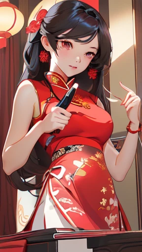 Wearing a red dress,Anime girl with a knife in her hand, Attractive anime girl, wearing a red cheongsam, Beautiful charming anime woman, cheongsam, Cute anime girl in a beautiful skirt, Tonosaka Rin, Mai Shiranui, Chen Sumi, OPPEIN, Revealing clothes, Charming anime girl, beautiful alluring anime girl