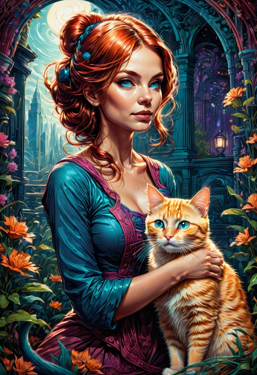 Girl with Cat, by dan mumford, best quality, masterpiece, very aesthetic, perfect composition, intricate details, ultra-detailed