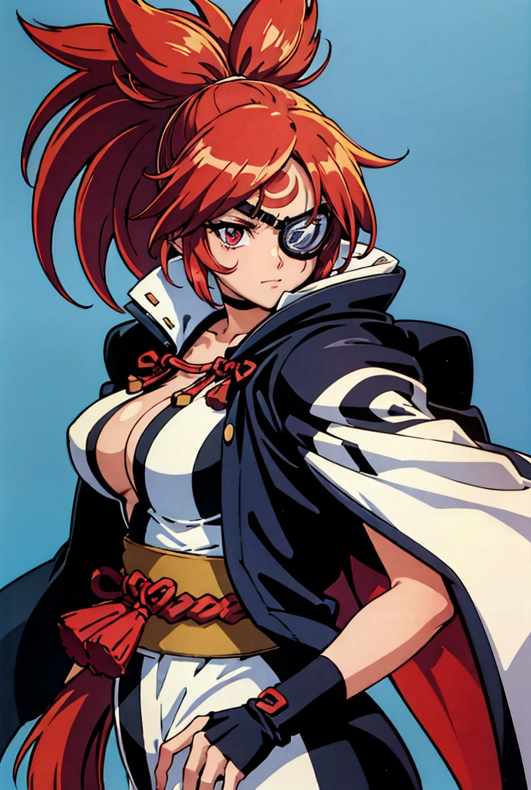 (masterpiece:1.3),(highest quality:1.4),(Super detailed:1.5),High resolution,Very detailed,unity 8k wallpaper,Official Art,Perfect Anatomy,(Anime screenshots:1.11),(90s Anime,90s Anime style,Cel-shaded anime:1.17),((alone:1.52)),(1990s \(style\), retro artstyle:1.5),(anmnr:1.7),
((baiken:1.52)), amputee, serious, closed mouth, looking at viewer, ponytail, eyepatch, multicolored clothes, open clothes, japanese clothes, kimono, large breasts,
