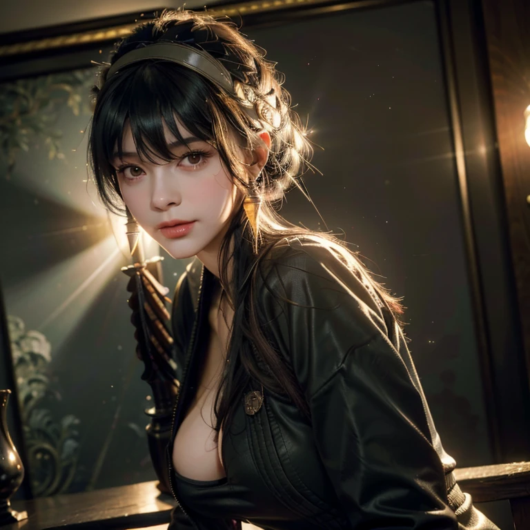 a beautiful russian woman in her 20s, light brown hair, fine white skin, attractive face, tight waist, cleavage, smiling kindly, active posing, detailed eyes, beautiful detailed nose, beautiful detailed lips, long eyelashes, perfectly balanced body, (best quality,8k,highres,masterpiece:1.2),ultra-detailed,(realistic,photorealistic,photo-realistic:1.37),HDR,UHD,studio lighting,ultra-fine painting,sharp focus,physically-based rendering,extreme detail description,professional,vivid colors,bokeh,portrait,seductive gaze, wearing a loose jacket,black clothes,(((battle,Gunfight,combat readiness))),defeat the enemy