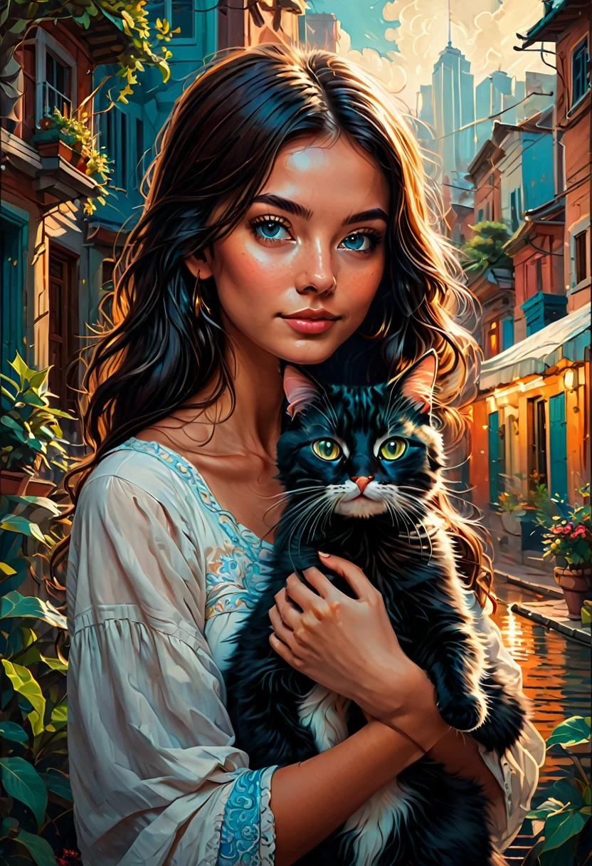 Girl with Cat, by Alena Aenami, best quality, masterpiece, very aesthetic, perfect composition, intricate details, ultra-detailed