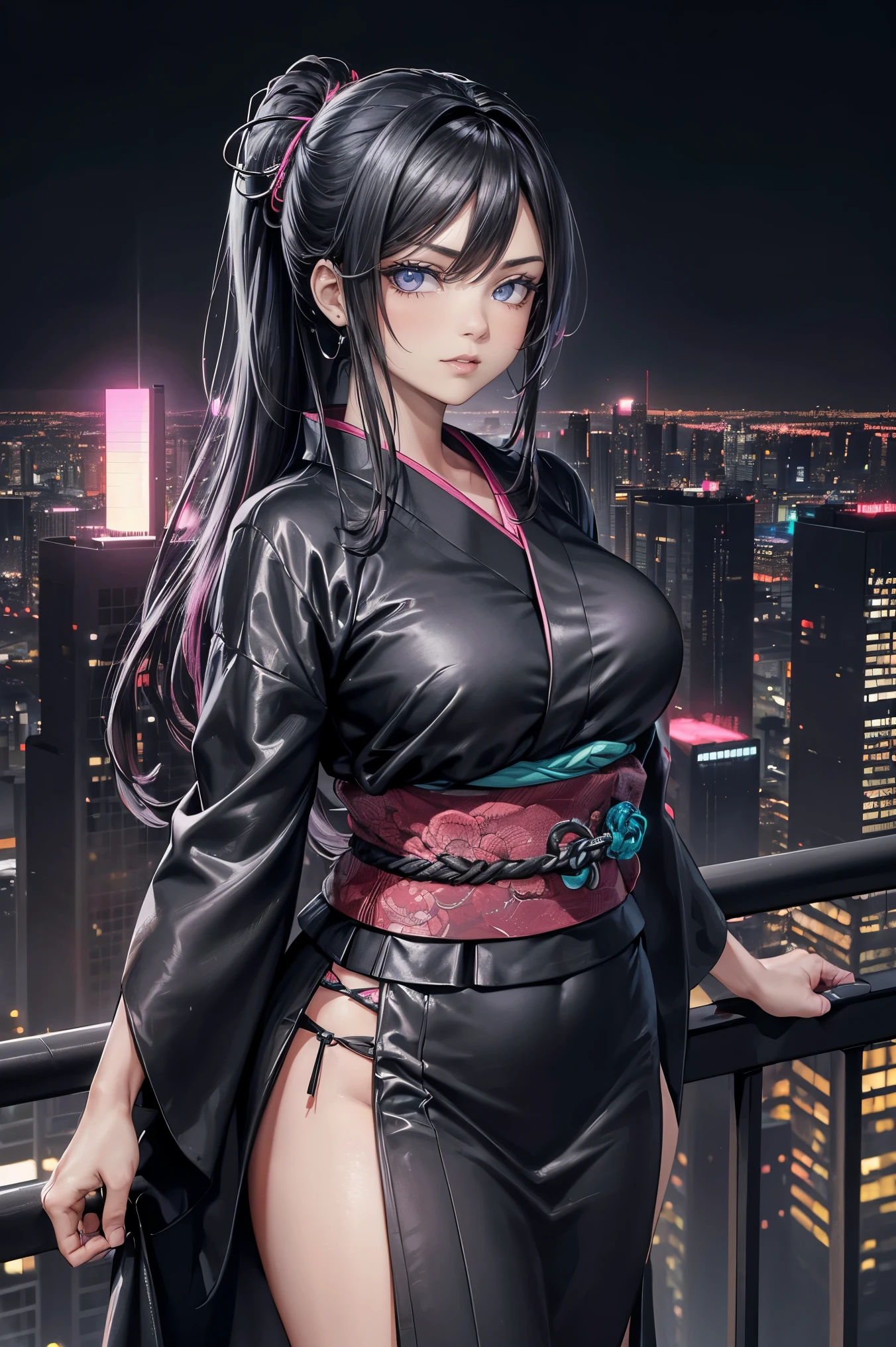 anime, (obra de arte, melhor qualidade, ultra-detalhado, alto contraste), 1 mulher (Sozinho, corpo todo, corpo plus size, standing on the edge of the skyscraper, cabelo prateado, CABELO LONGO E FLUXO, olhos vermelhos brilhantes de rubi, (Kimono preto, black cybernetics with neon pink), meias pretas transparentes), (skyscraper roof, com vista para uma cidade, fundo detalhado ((Night time, darkness, low light pollution)))