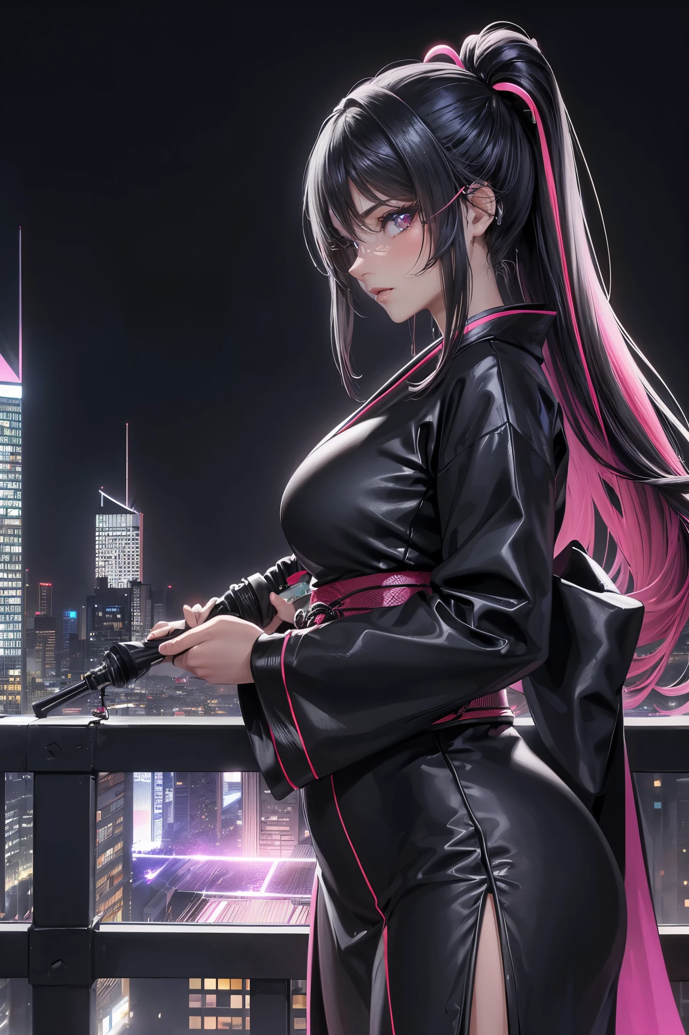 anime, (obra de arte, melhor qualidade, ultra-detalhado, alto contraste), 1 mulher (Sozinho, corpo todo, corpo plus size, standing on the edge of the skyscraper, cabelo prateado, CABELO LONGO E FLUXO, olhos vermelhos brilhantes de rubi, (Kimono preto, black cybernetics with neon pink), meias pretas transparentes), (skyscraper roof, com vista para uma cidade, fundo detalhado ((Night time, darkness, low light pollution)))