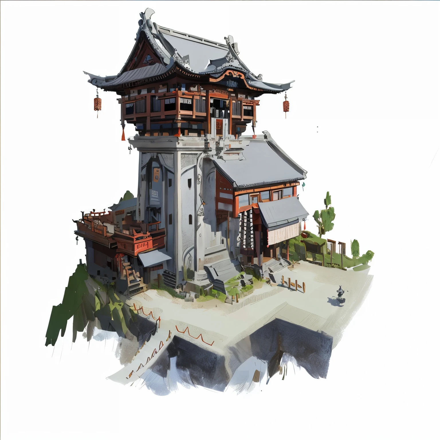 There is a small building on a small island，There is a bridge above, Pagoda Figures, Depicted as game concept art, Traditional Japanese concept art, environment design illustration, Created by senior environment artists, Concept art is very detailed, g liulian art style, Concept art style, 2D Concept Art, Cyberpunk Chinese Ancient Castle, Senior Concept Artist, stylized concept art