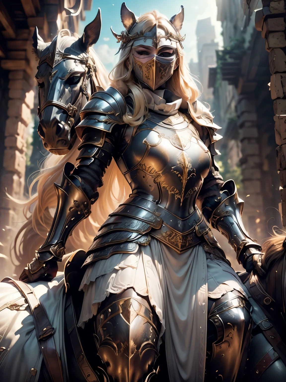 (Masterpiece, Superb Detail, Super Detailed, High Resolution), Male Focus, (((Female Armor))), (((Armor Dress Set))), (((Mask))), (She Has Long Blonde Hair, Medium Breasts, Slim, perfect body, beautiful face), look at viewer, (((white panty))), (((riding a horse))), City Ruins, Background Details, Solo