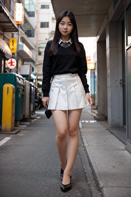 Asian girl, uniform, long legs.