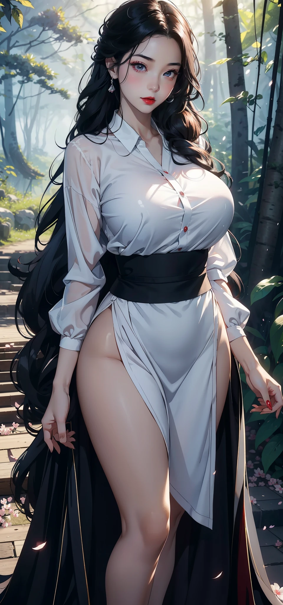 1 female,35 years old,Slim,Very large ,Big breasts and thin waist,Long legs, solitary,(background:,Cherry Blossom Forest,Rainforest)Standing in the forest, She has long black hair,Front view, curls,Cloudy sky,(((masterpiece),(Highly detailed CG Unity 8k wallpaper),best quality,Light,详细background,Beautiful and delicate eyes,smart student,black eyes,Snow white skin,red lips(Very delicate and beautiful),(Beautiful and detailed description of the eyes),Super detailed,masterpiece,))face camera,high resolution,Super detailed),Naked high school student,White shirt