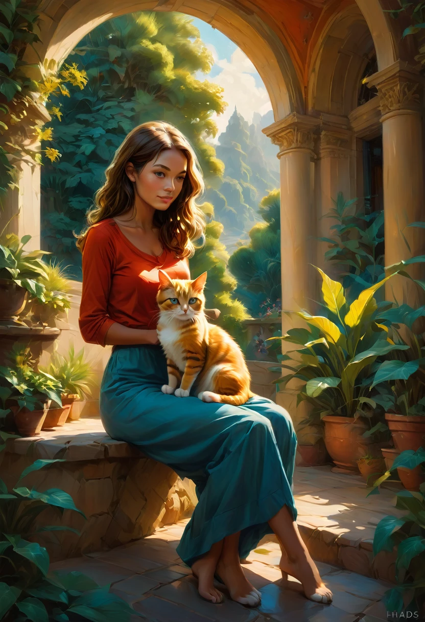 Girl with Cat, by rhads, best quality, masterpiece, very aesthetic, perfect composition, intricate details, ultra-detailed