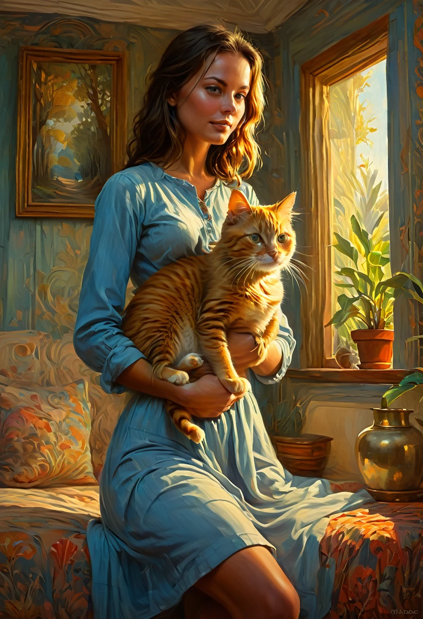 Girl with Cat, by rhads, best quality, masterpiece, very aesthetic, perfect composition, intricate details, ultra-detailed