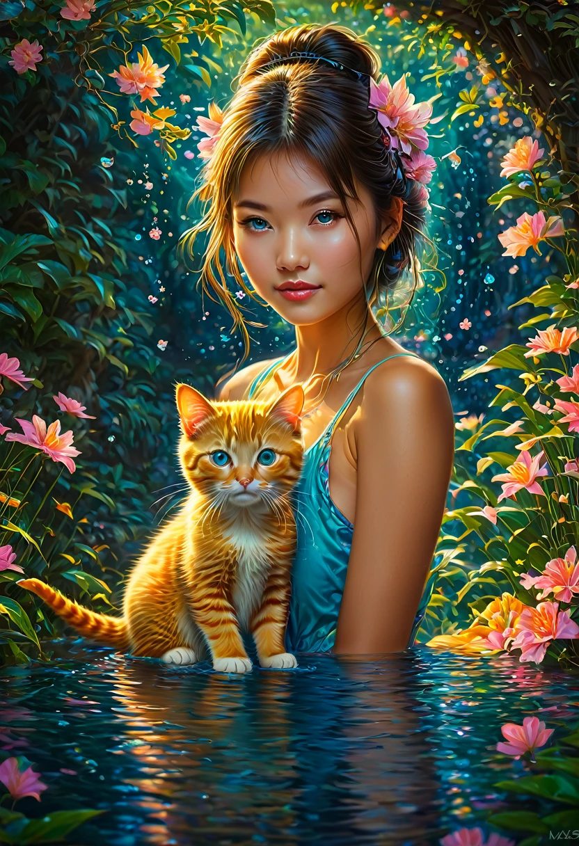 Girl with Cat, by Miki Asai, best quality, masterpiece, very aesthetic, perfect composition, intricate details, ultra-detailed