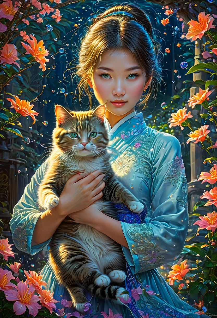 Girl with Cat, by Miki Asai, best quality, masterpiece, very aesthetic, perfect composition, intricate details, ultra-detailed