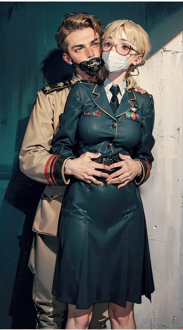 ,(ultra detailed perfect piece:1.2), illustration, masterpiece, (extremely detailed CG 8k), (very fine 8K CG),riofutaba, adult, tall, mature, ashe brown hair, brown eyes, expressionless, slight blush, ponytail, scrunchie, very high quality eyes, Brown sweater vest, beige vest, white shirt, ((medium breasts)), short sleeved shirt, red necktie, Blue pleated skirt, (thighs) (((BREAK 2persons, 1boy, 1girl, (boy grabbing girl from behind), (hand over another's mouth), another's hand covering mouth. nice hands, perfect hands, (arms behind back), (hands behind back), bound, (bound arms), boy's hand covering girl's mouth, another's hand covering mouth, (hand g4g), close-up, (hand gag)))roupa modesta, tiro remoto, Detalhe bonito rosto delicado, Olhos delicados bonitos detalhados, perfect facial proportions, High definition skin, pele fina, best four inch aspect ratio. Com um polegar, uma obra-prima, altamente detalhado, Realistic, (German World War II general uniform reference : 1.8), the highest facial resolution, , mulher modestamente vestida, vestido inteiramente, ( pequeno, cabelos pretos, black franja reta, super thin braids, franja reta, Red glasses, olho verde escuro, science fiction, Fighter aircraft, standing On the landing of a Fighter aircraft, the agency, uma personalidade profundamente inteligente, A calm expression, um rosto respeitoso, uma guerra, a Fighter aircraft BIGHIP BIGASS FUCKOFF FUCKFUCKFUCK