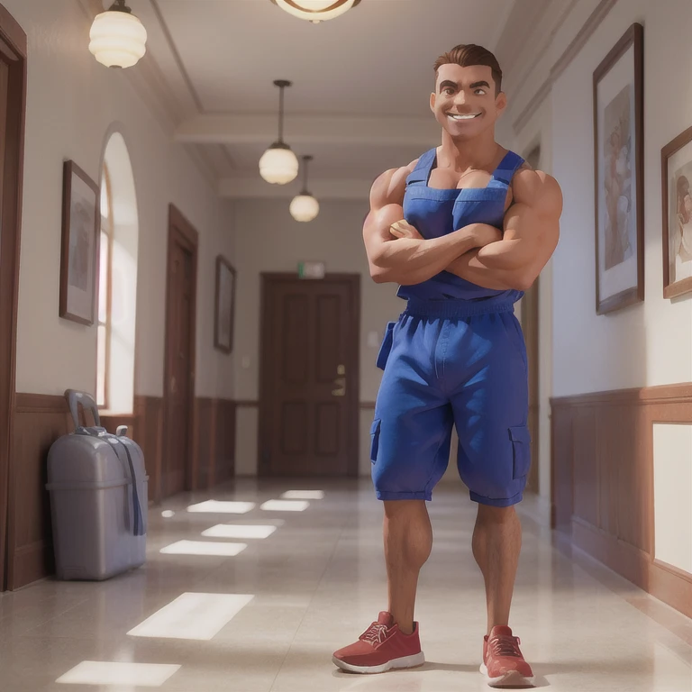 Muscular janitor is smiling and flexing in school hallway.