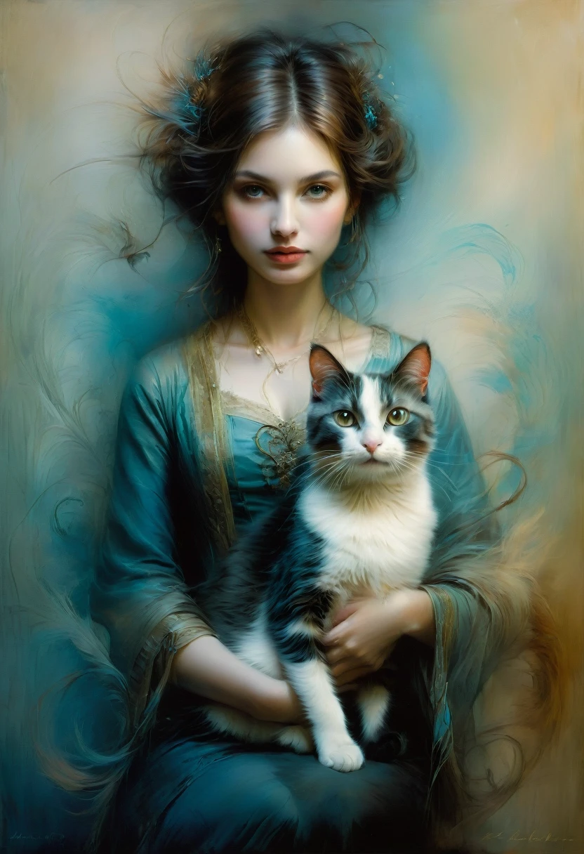 19 year old beautiful Finnish blonde woman holding one cute kitten　an oil painting　painterly　Like Monet's Impressionism　1 female　1 cat　The clothes are lady-like　Rich aristocratic woman　Gently hug the cat　fondling　reallistic　ornament detached　Earring　Bracelets　a necklace