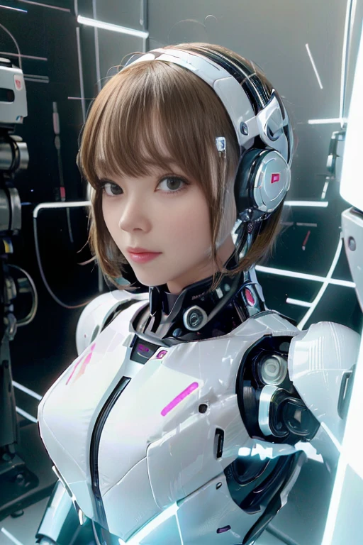 A girl in a futuristic bright white heavily armored robot suit takes a photo、perfect android girl, Female cyborg body, Perfect anime cyborg woman, Beautiful female android!, Female Robot, completely robot!! girl, Cute cyborg girl, Cyber Suit, Girl wearing mecha cybernetic armor, Cyber Suit, beutiful white girl cyborg, Beautiful female android, Beautiful girl cyborg、Cute cyborg girl with short bob hair、Beautiful android sculpture model、(Laughter)、((Rounded, white, sturdy armor))、(((Equipped with long sensor antennas on both ears)))、(((Robot Girl)))、(((Android girls)))、