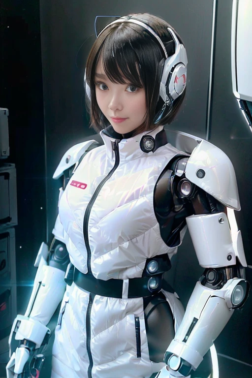 A girl in a futuristic bright white heavily armored robot suit takes a photo、perfect android girl, Female cyborg body, Perfect anime cyborg woman, Beautiful female android!, Female Robot, completely robot!! girl, Cute cyborg girl, Cyber Suit, Girl wearing mecha cybernetic armor, Cyber Suit, beutiful white girl cyborg, Beautiful female android, Beautiful girl cyborg、Cute cyborg girl with short bob hair、Beautiful android sculpture model、(Laughter)、((Rounded, white, sturdy armor))、(((Equipped with long sensor antennas on both ears)))、(((Robot Girl)))、(((Android girls)))、