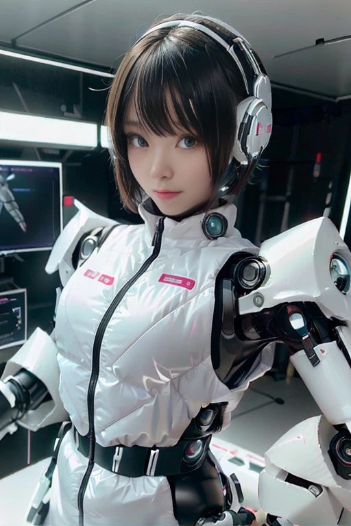 A girl in a futuristic bright white heavily armored robot suit takes a photo、perfect android girl, Female cyborg body, Perfect anime cyborg woman, Beautiful female android!, Female Robot, completely robot!! girl, Cute cyborg girl, Cyber Suit, Girl wearing mecha cybernetic armor, Cyber Suit, beutiful white girl cyborg, Beautiful female android, Beautiful girl cyborg、Cute cyborg girl with short bob hair、Beautiful android sculpture model、(Laughter)、((Rounded, white, sturdy armor))、(((Equipped with long sensor antennas on both ears)))、(((Robot Girl)))、(((Android girls)))、