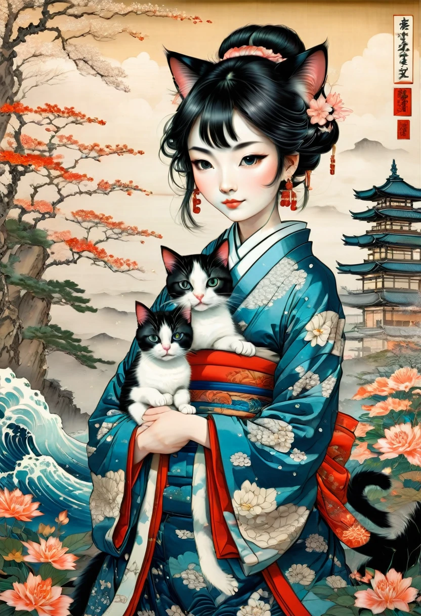 Girl with Cat, by Kunisada, best quality, masterpiece, very aesthetic, perfect composition, intricate details, ultra-detailed