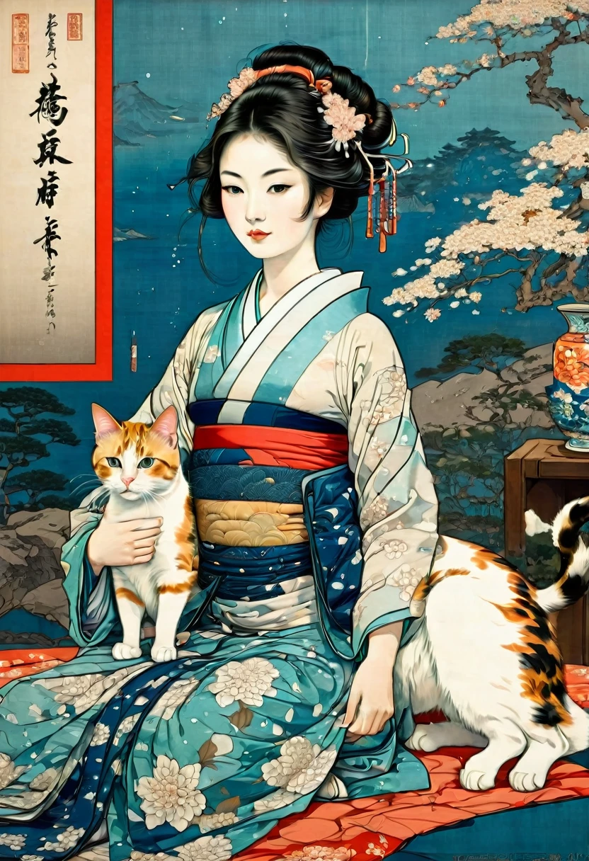 Girl with Cat, by Kunisada, best quality, masterpiece, very aesthetic, perfect composition, intricate details, ultra-detailed