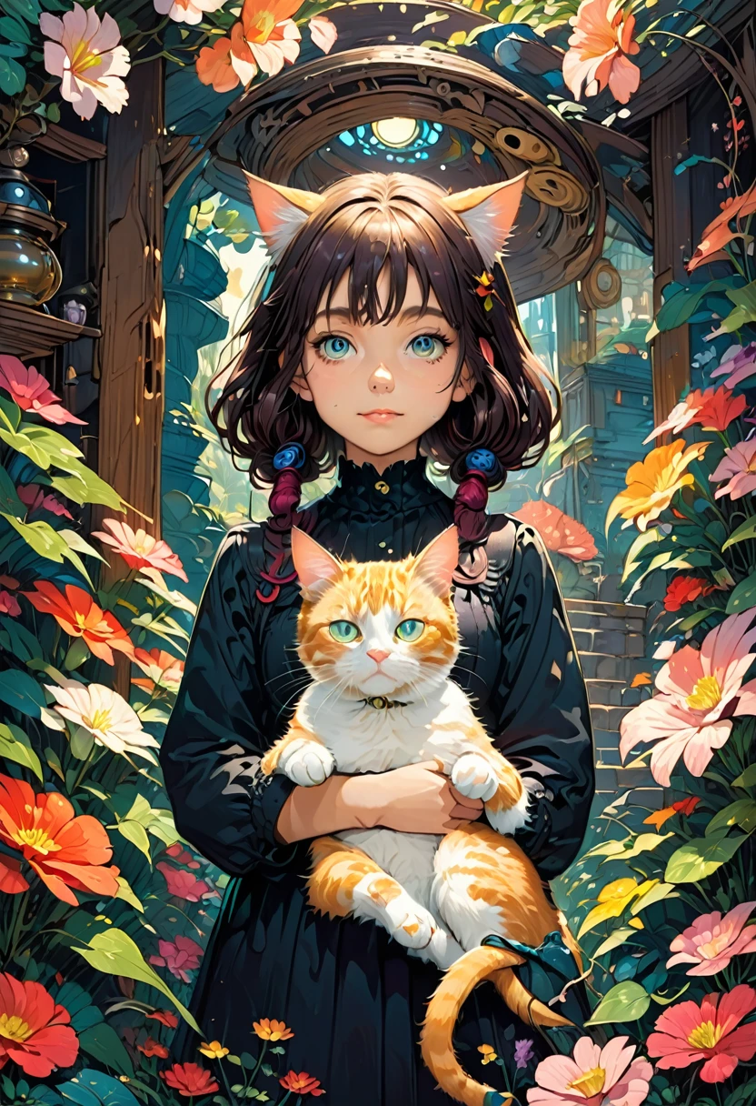 Girl with Cat, by Studio Ghibli, best quality, masterpiece, very aesthetic, perfect composition, intricate details, ultra-detailed