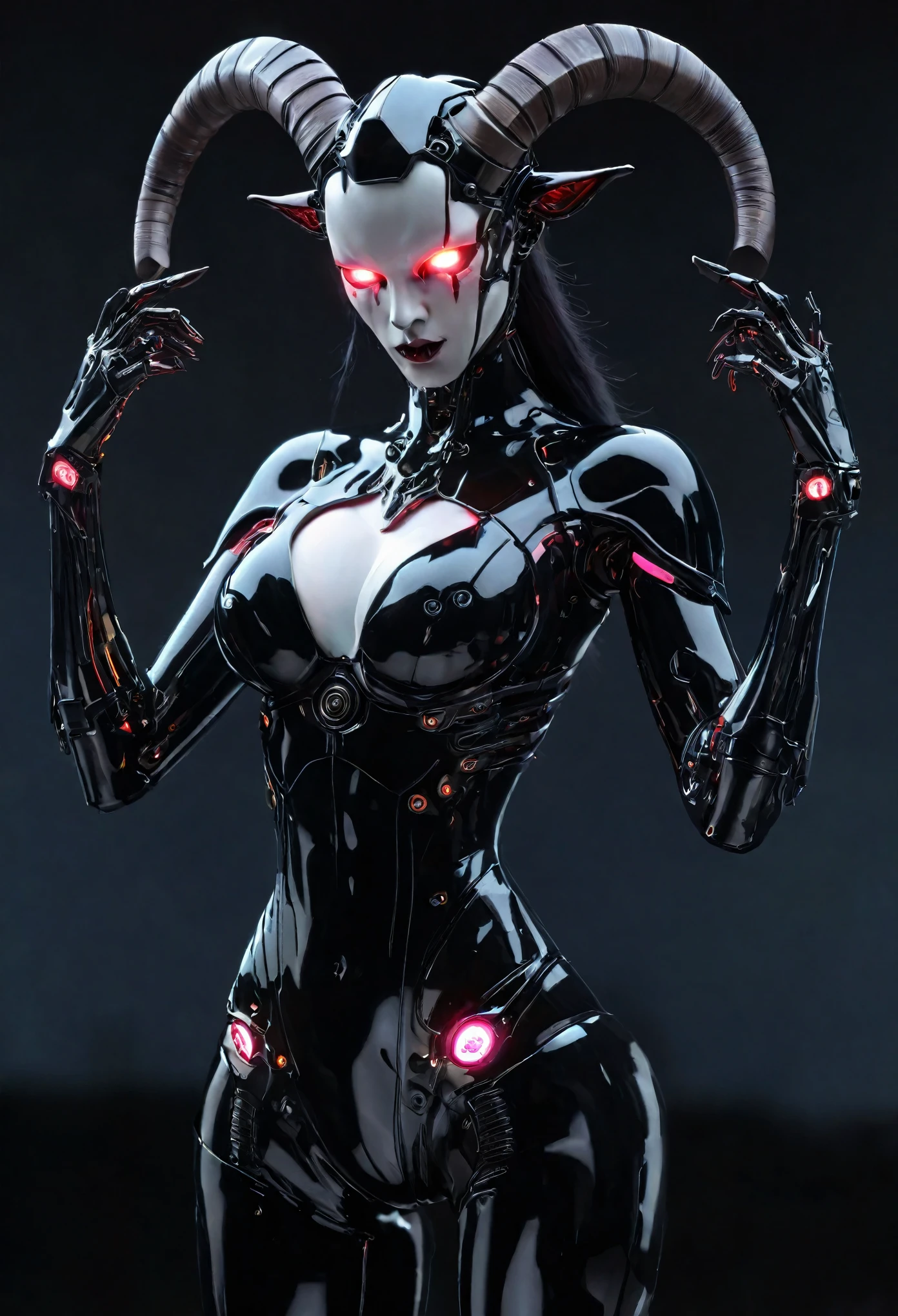 (best quality,4k,8k,highres,masterpiece:1.2),ultra-detailed,(realistic,photorealistic,photo-realistic:1.37), a heavily armed female android modeled after a terrifying demonic appearance, evil android, dark futuristic science fiction, hyper-detailed, cinematic lighting, dramatic chiaroscuro, muted color palette, intricate mechanical details, ominous atmosphere, intimidating presence, mechanical limbs, glowing iridescent eyes, sharp fangs, sinister expression, advanced weaponry, cyberpunk, dystopian, moody, large goat horns, erotic, seductive