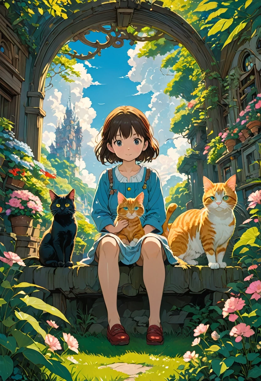 Girl with Cat, by Studio Ghibli, best quality, masterpiece, very aesthetic, perfect composition, intricate details, ultra-detailed