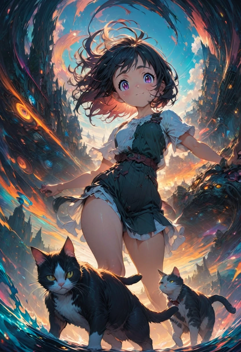 Girl with Cat, by Studio Ghibli, best quality, masterpiece, very aesthetic, perfect composition, intricate details, ultra-detailed