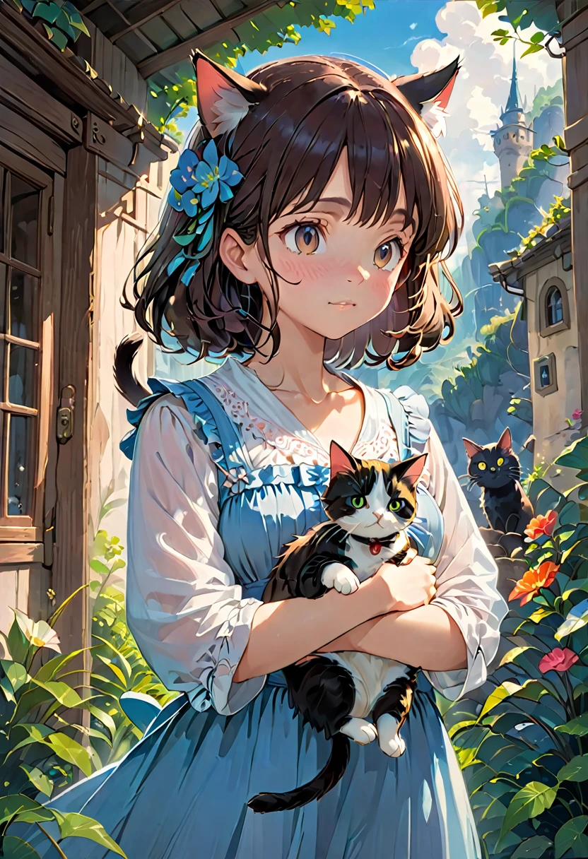 Girl with Cat, by Studio Ghibli, best quality, masterpiece, very aesthetic, perfect composition, intricate details, ultra-detailed