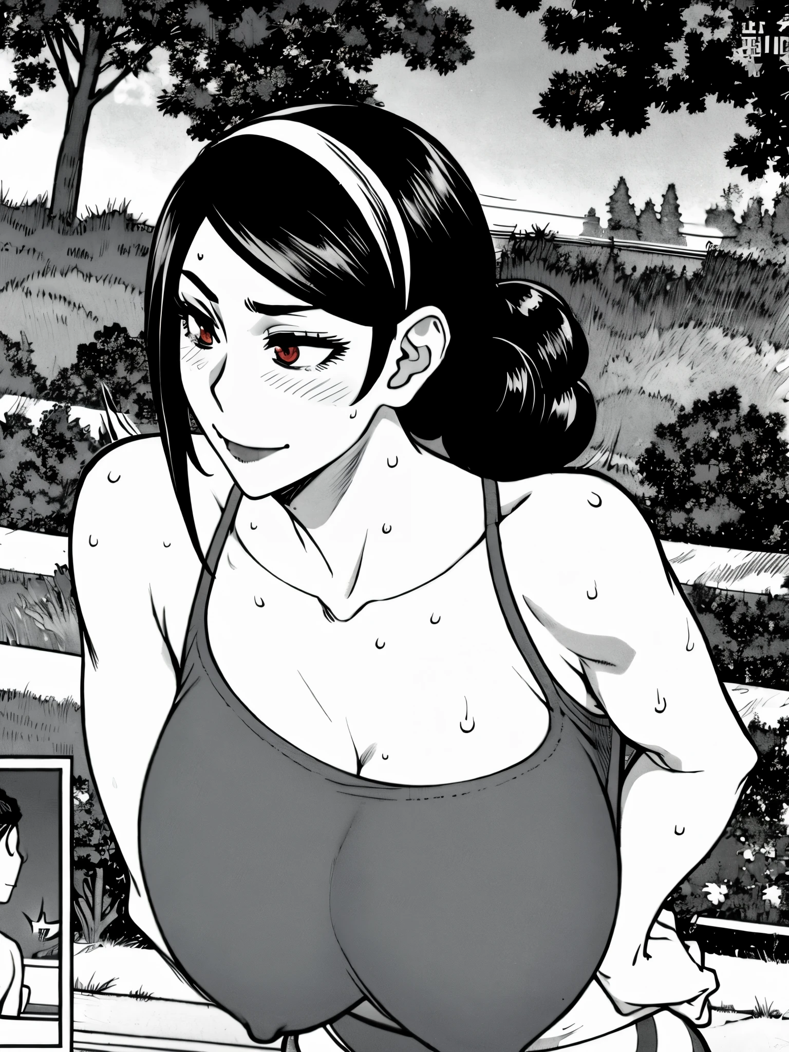 MarArtistA,black hair,side bang, red eyes,hair behind ears, low hair bun, hair band, no cloths, smile,sweat,,maturefemale big breats, peitos pulando, sexy, nud(emotionless:0), hands down along her body, sex, smile , background is park road, background ispark road with trees ,(breasts out:0),(nipples:0),detailed eyes, gymleggings