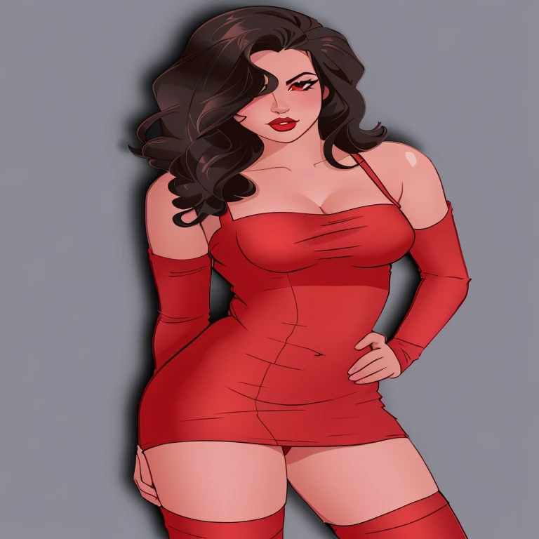 8k, Comic Babes, a cartoon of a woman in a vestido vermelho posing for a picture, wearing a vestido vermelho, in a vestido vermelho, grayscale phtoto with vestido vermelho, wearing vestido vermelho, arte digital dos desenhos animados, estilo de arte dos desenhos animados, Cel sombreado vector art, succubus in tight short dress, pintura digital sensual, vestido vermelho, succubus in sundress portrait, Cel sombreado!!!