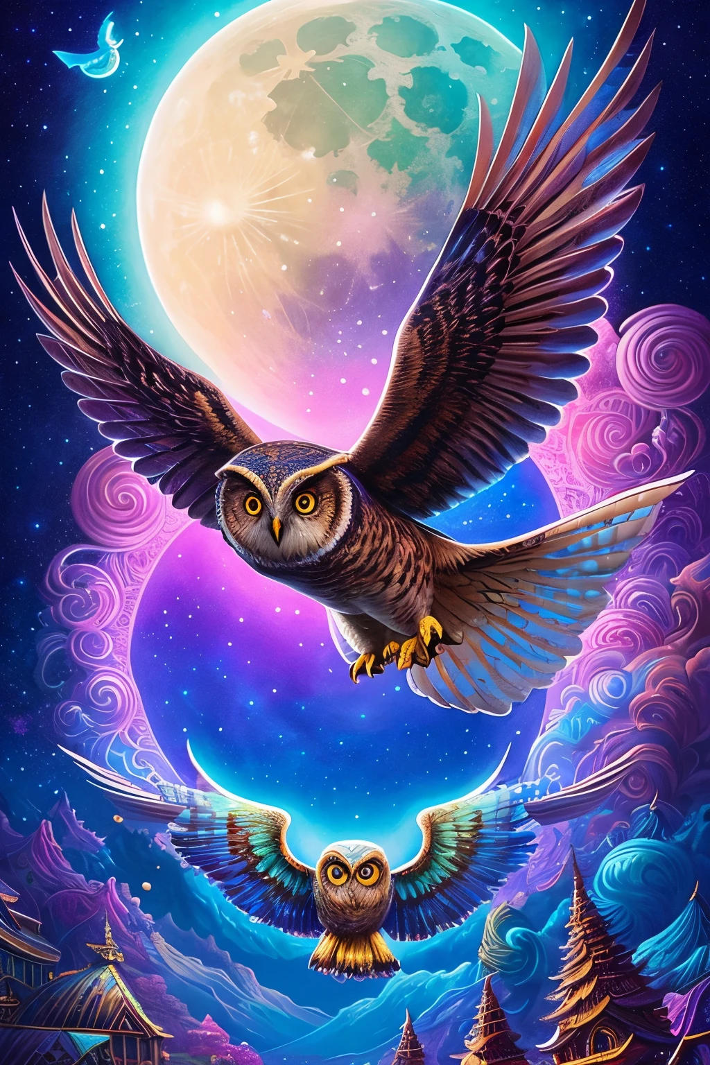 an owl flying over a moon with swirling clouds and bubbles, hyper - detailed visionary art, highly detailed visionary art, beeple and jeremiah ketner, intricate fantasy painting, hyper detailed visionary art, dan mumford and alex grey style, by Tomek Setowski, radiant owl, visionary art style, detailed fantasy digital art, highly detailed digital art