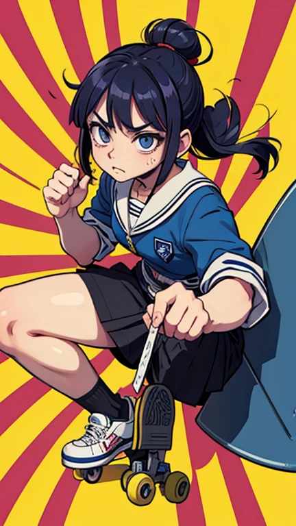 Hinata Hiuga, Double eyelid, Maria Ciquinha Cabelo, roupa branca estilo skatista, rosto detalhado, sapatos de skate, Angry Pose with Hand Up on Air Benje Background with Blue Stripes