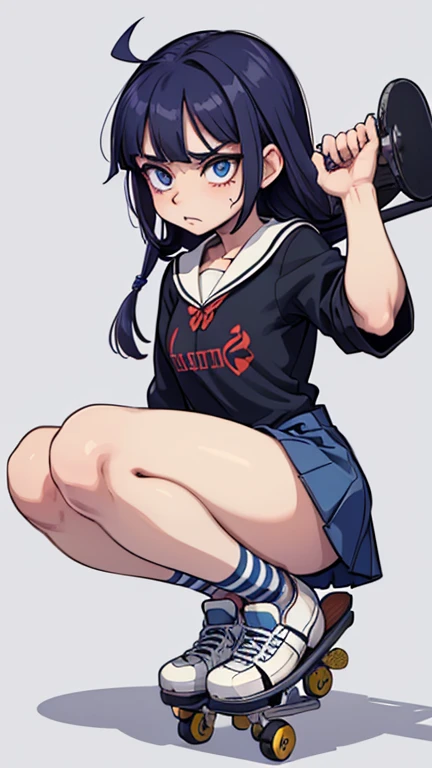 Hinata Hiuga, Double eyelid, Maria Ciquinha Cabelo, roupa branca estilo skatista, rosto detalhado, sapatos de skate, Angry Pose with Hand Up on Air Benje Background with Blue Stripes