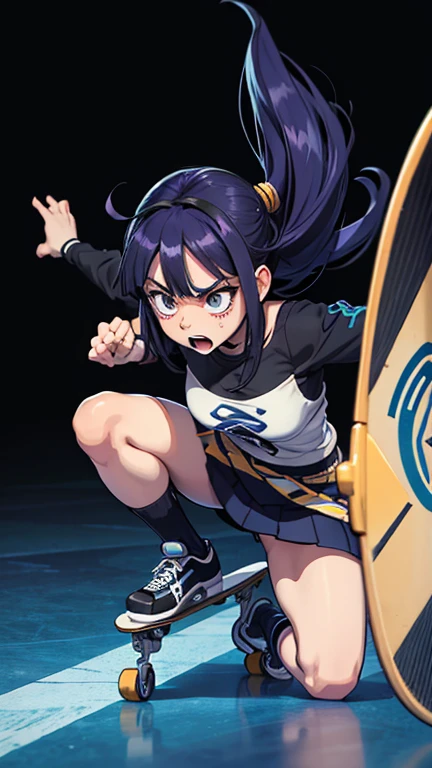 Hinata Hiuga, Double eyelid, Maria Ciquinha Cabelo, roupa branca estilo skatista, rosto detalhado, sapatos de skate, Angry Pose with Hand Up on Air Benje Background with Blue Stripes