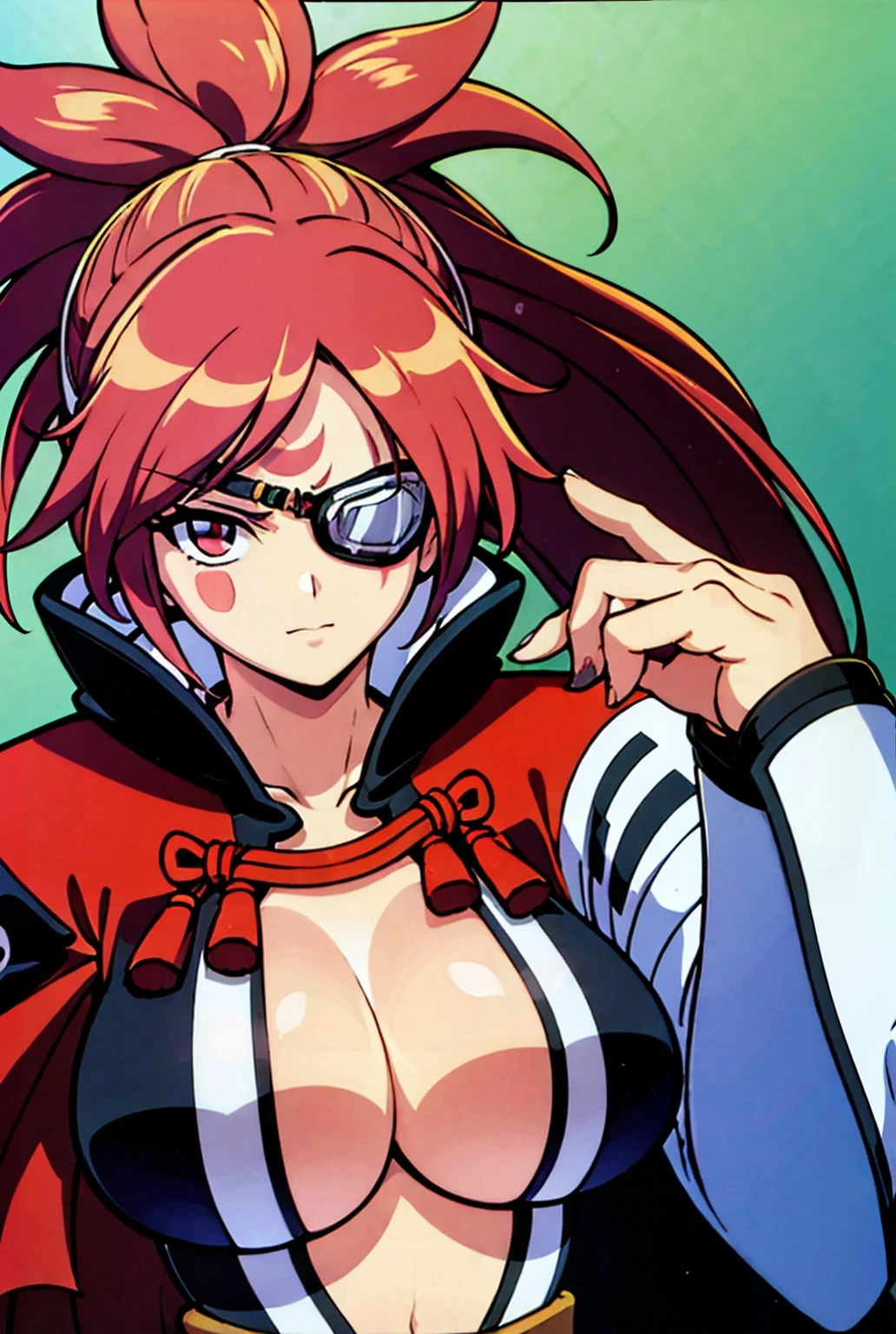 (masterpiece:1.3),(highest quality:1.4),(Super detailed:1.5),High resolution,Very detailed,unity 8k wallpaper,Official Art,Perfect Anatomy,(Anime screenshots:1.11),(90s Anime,90s Anime style,Cel-shaded anime:1.17),((alone:1.52)),(1990s \(style\), retro artstyle:1.5),(anmnr:1.7), 
((baiken:1.52)), amputee, serious, closed mouth, looking at viewer, ponytail, eyepatch, multicolored clothes, open clothes, japanese clothes, kimono, large breasts,