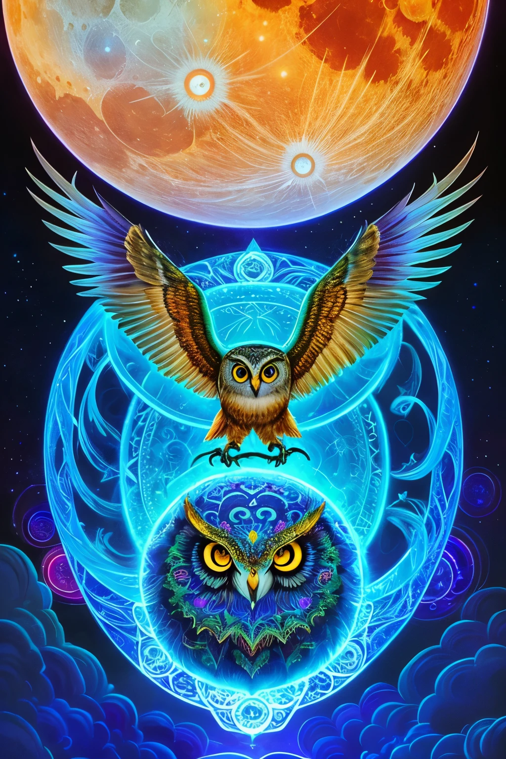 an owl flying over a moon with swirling clouds and bubbles, digital art by Tomek Setowski, behance contest winner, psychedelic art, hyper - detailed visionary art, highly detailed visionary art, beeple and jeremiah ketner, intricate fantasy painting, hyper detailed visionary art, dan mumford and alex grey style, radiant owl, visionary art style