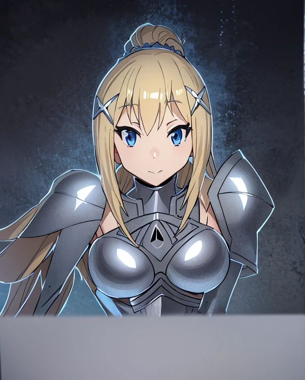 Anime 20 years old girl, female paladin, blonde hair, blue eyes, silver armor, white wing armor arm plate on right hand, black shirt under armor