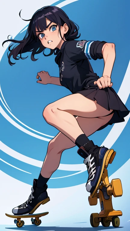 Hinata Hiuga, Double eyelid, Maria Ciquinha Cabelo, roupa branca estilo skatista, rosto detalhado, sapatos de skate, Angry Pose with Hand Up on Air Benje Background with Blue Stripes