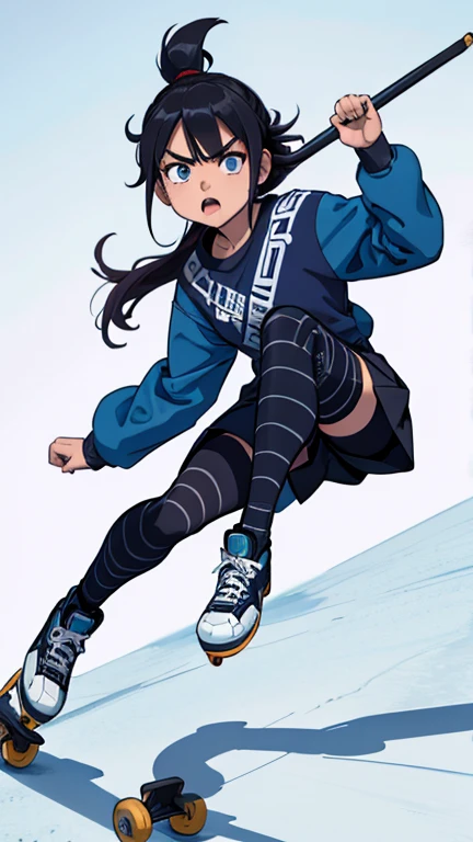 Hinata Hiuga, Double eyelid, Maria Ciquinha Cabelo, roupa branca estilo skatista, rosto detalhado, sapatos de skate, Angry Pose with Hand Up on Air Benje Background with Blue Stripes