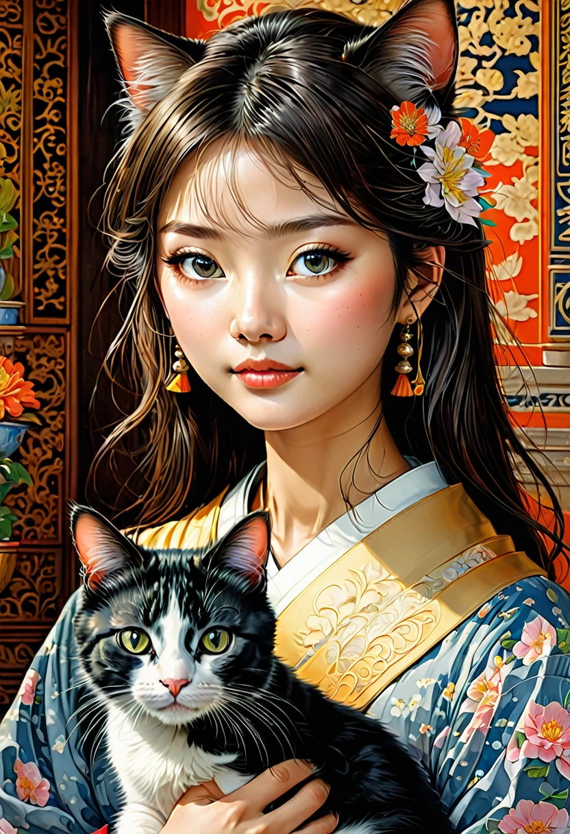 Girl with Cat, by Kentaro Miura, best quality, masterpiece, very aesthetic, perfect composition, intricate details, ultra-detailed