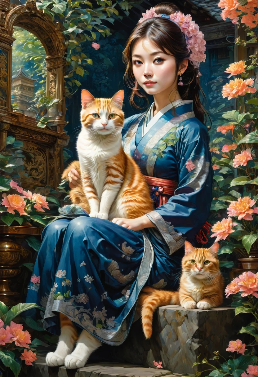 Girl with Cat, by Kentaro Miura, best quality, masterpiece, very aesthetic, perfect composition, intricate details, ultra-detailed