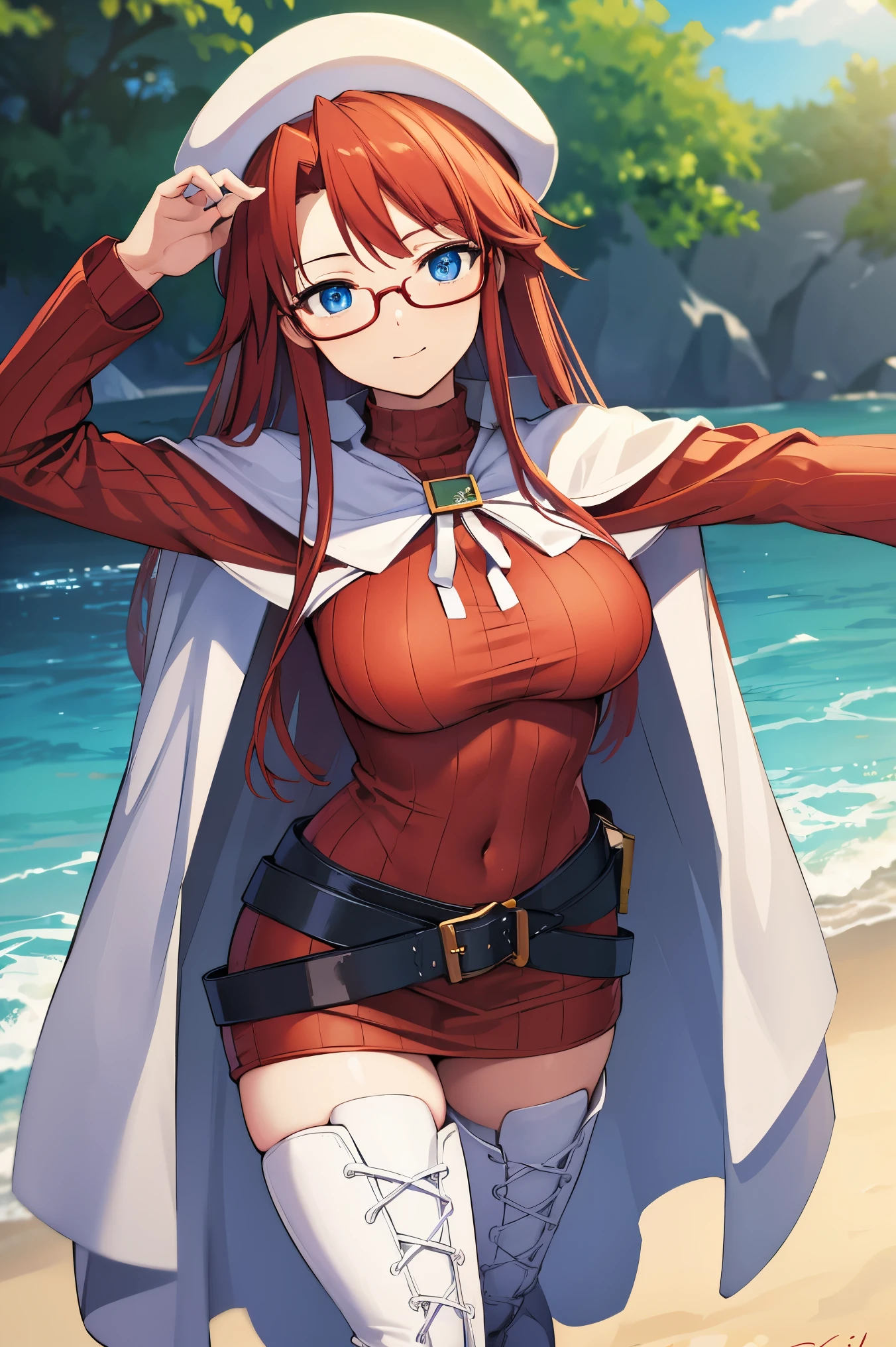 summonnightaty, aty, (young:1.3),long hair, blue eyes, red hair, large_beret, hat, glasses,
BREAK long hair, thighhighs, hat, dress, boots, glasses, belt, cape, sweater, zettai ryouiki, beret, thigh boots, white footwear, ribbed sweater, loose belt,solo,
BREAK outdoors, fantasy,on_beach
,Highquality_hads,perfect_fingers,
BREAK (masterpiece:1.2), best quality, high resolution, unity 8k wallpaper, (illustration:0.8), (beautiful detailed eyes:1.6), extremely detailed face, perfect lighting, extremely detailed CG, (perfect hands, perfect anatomy),covered_nipples,covered_navel ,half_eyes,long_sword,sleepy,standing,red_sweater,apart_knees,magical_effect,spread_legs, have_a_book,teacher,rise_knee,Smile,rise_hand,look_down_viewer,spread_arms,