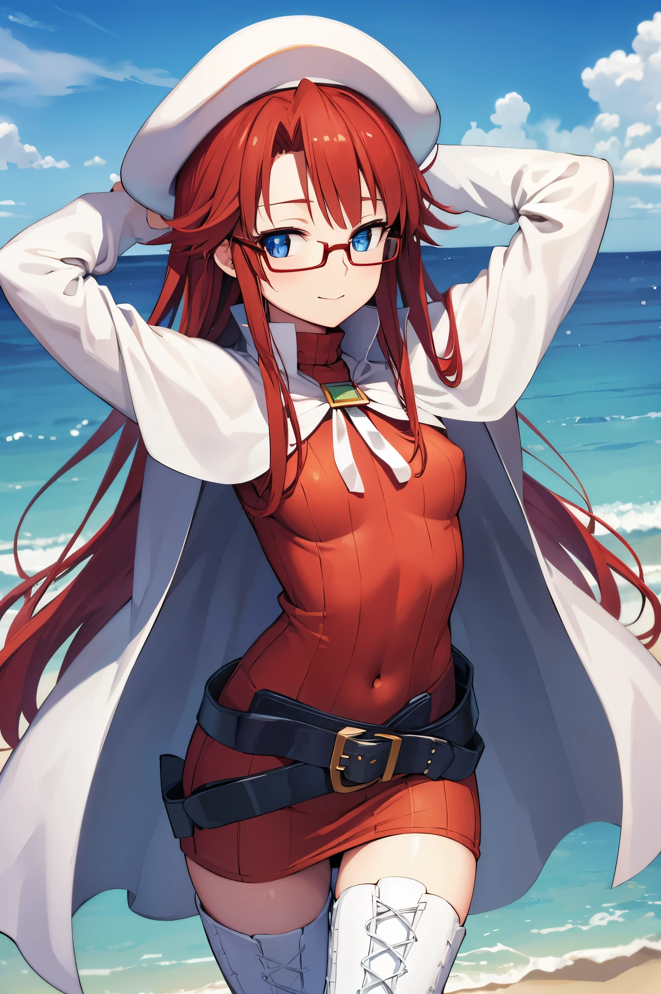 summonnightaty, aty, (young:1.3),long hair, blue eyes, red hair, large_beret, hat, glasses,
BREAK long hair, thighhighs, hat, dress, boots, glasses, belt, cape, sweater, zettai ryouiki, beret, thigh boots, white footwear, ribbed sweater, loose belt,solo,
BREAK outdoors, fantasy,on_beach
,Highquality_hads,perfect_fingers,
BREAK (masterpiece:1.2), best quality, high resolution, unity 8k wallpaper, (illustration:0.8), (beautiful detailed eyes:1.6), extremely detailed face, perfect lighting, extremely detailed CG, (perfect hands, perfect anatomy),covered_nipples,covered_navel ,half_eyes,long_sword,sleepy,standing,red_sweater,apart_knees,magical_effect,spread_legs, have_a_book,teacher,rise_knee,Smile,rise_hand,look_down_viewer,spread_arms,